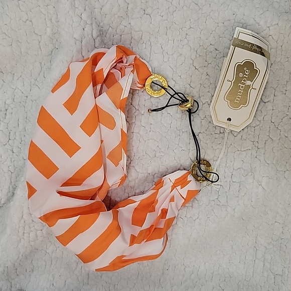 MudPie orange white stripe fabric headband adjustable stretch band gold ring New - Picture 1 of 8